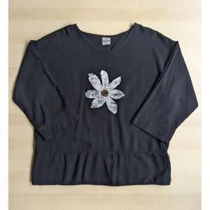 Casual Cottonseed Black Feather Twill Lagenlook 100% Cotton Floral Shirt Boho